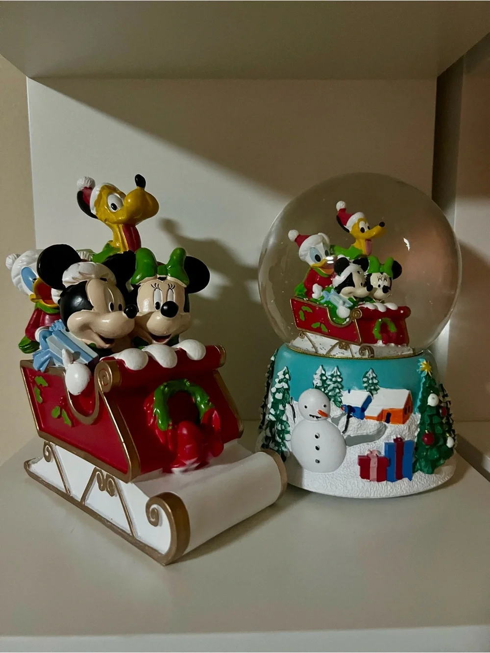 2 Large Disney Mickey & Friends Red Sleigh Holiday Snow Globe and Figurine Set